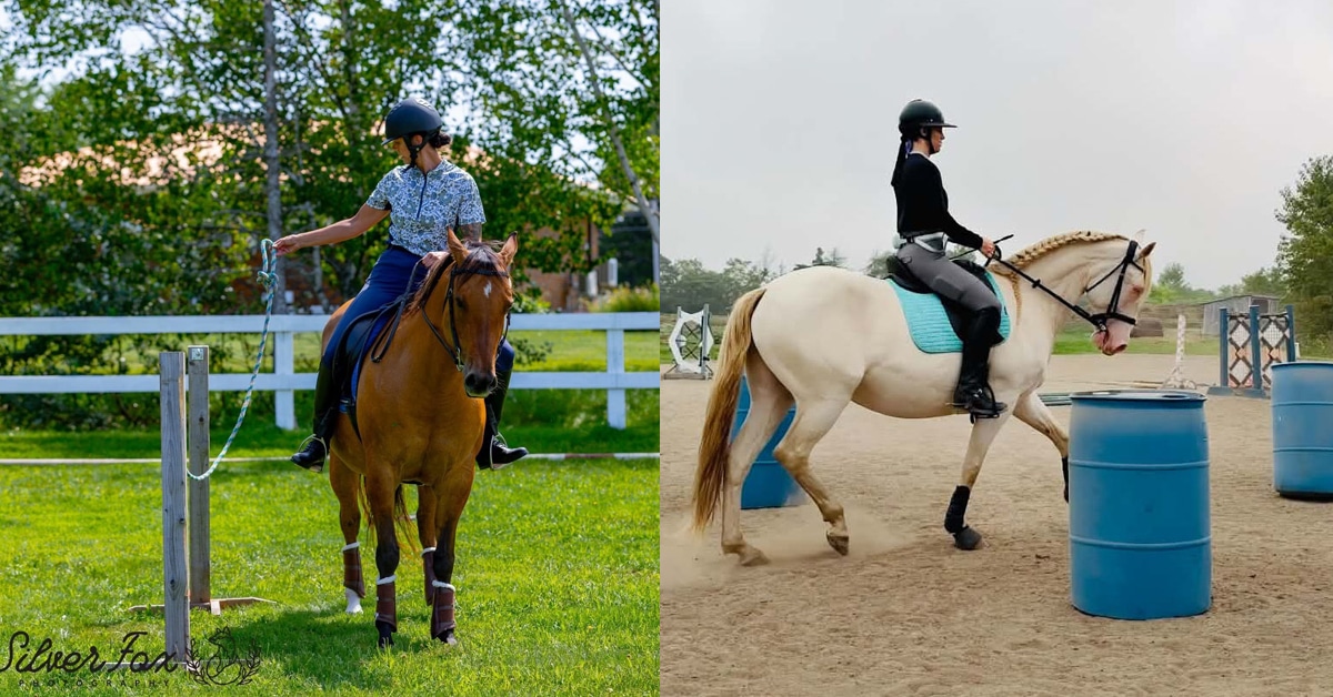 Two images of women performin working equitation exercises.