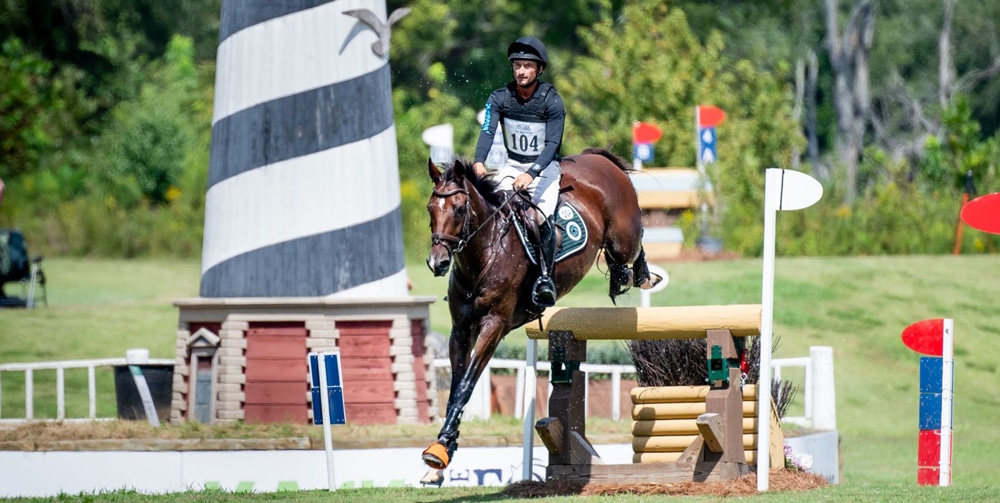 A man jumping a bay horse over a cross-country fence.