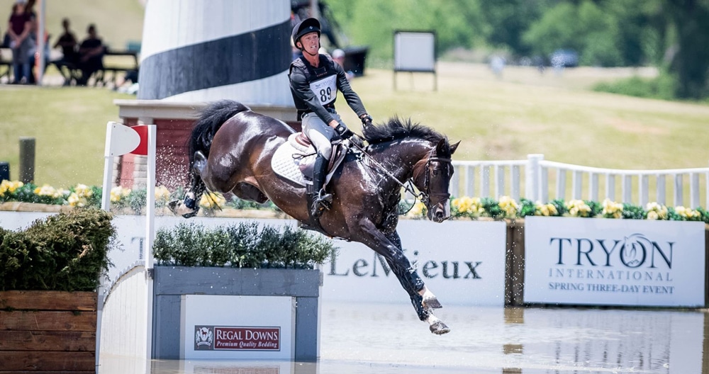 A man jumping a dark bay horse into a water obstacle. 
