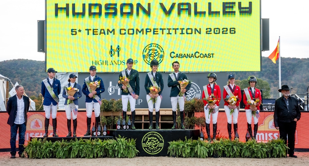 Three teams on a podium.