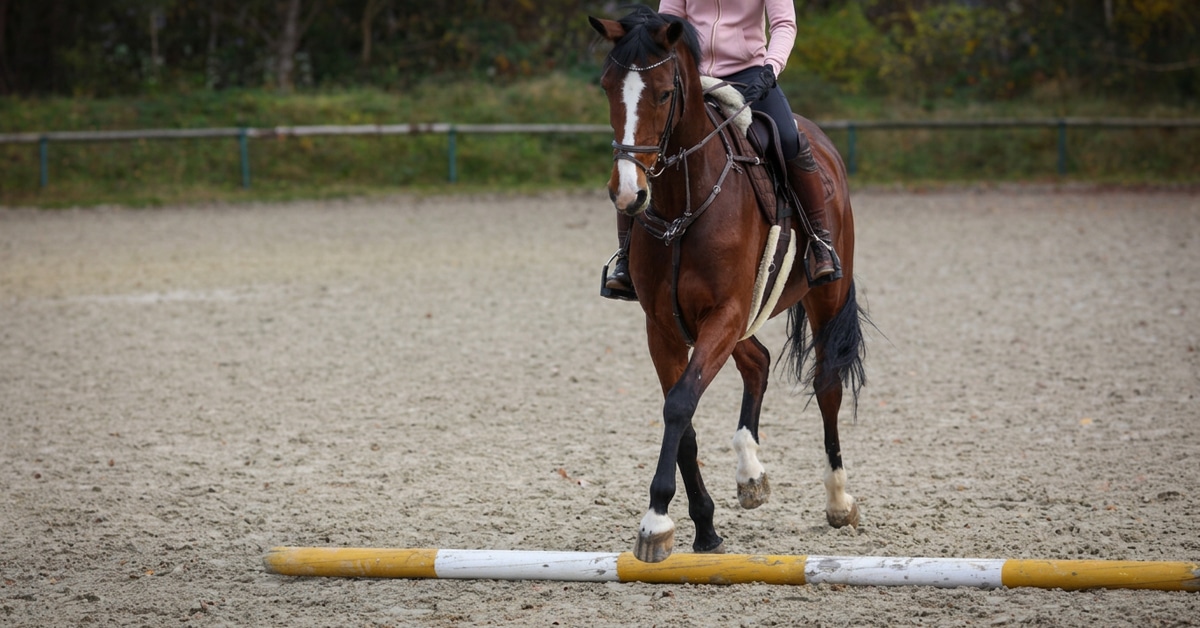 A person riding a bay horse over a ground pole.