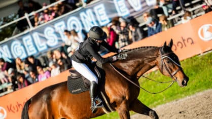 A woman patting her horse while walking out of the ring.