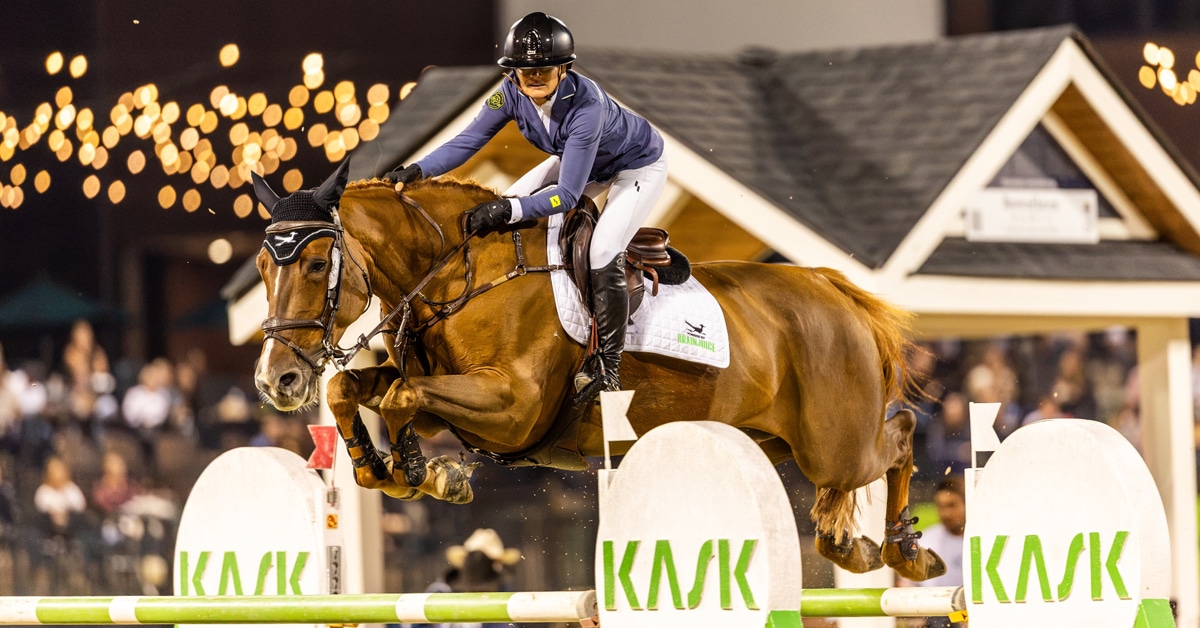 A woman jumping a chestnut horse over a fence at Tryon.