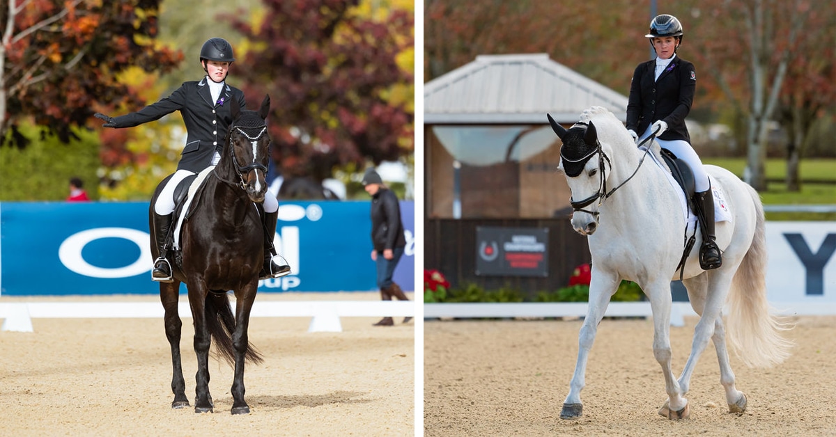 A teen riding a dark bay horse during a dressage test; a teen riding a grey dressage horse during a test.