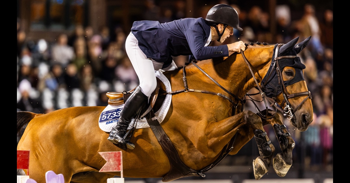A man jumping a chestnut horse over a fence at Tryon.