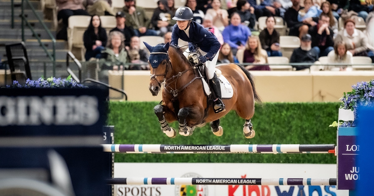 A woman jumping a bay horse over a fence in an indoor arena.